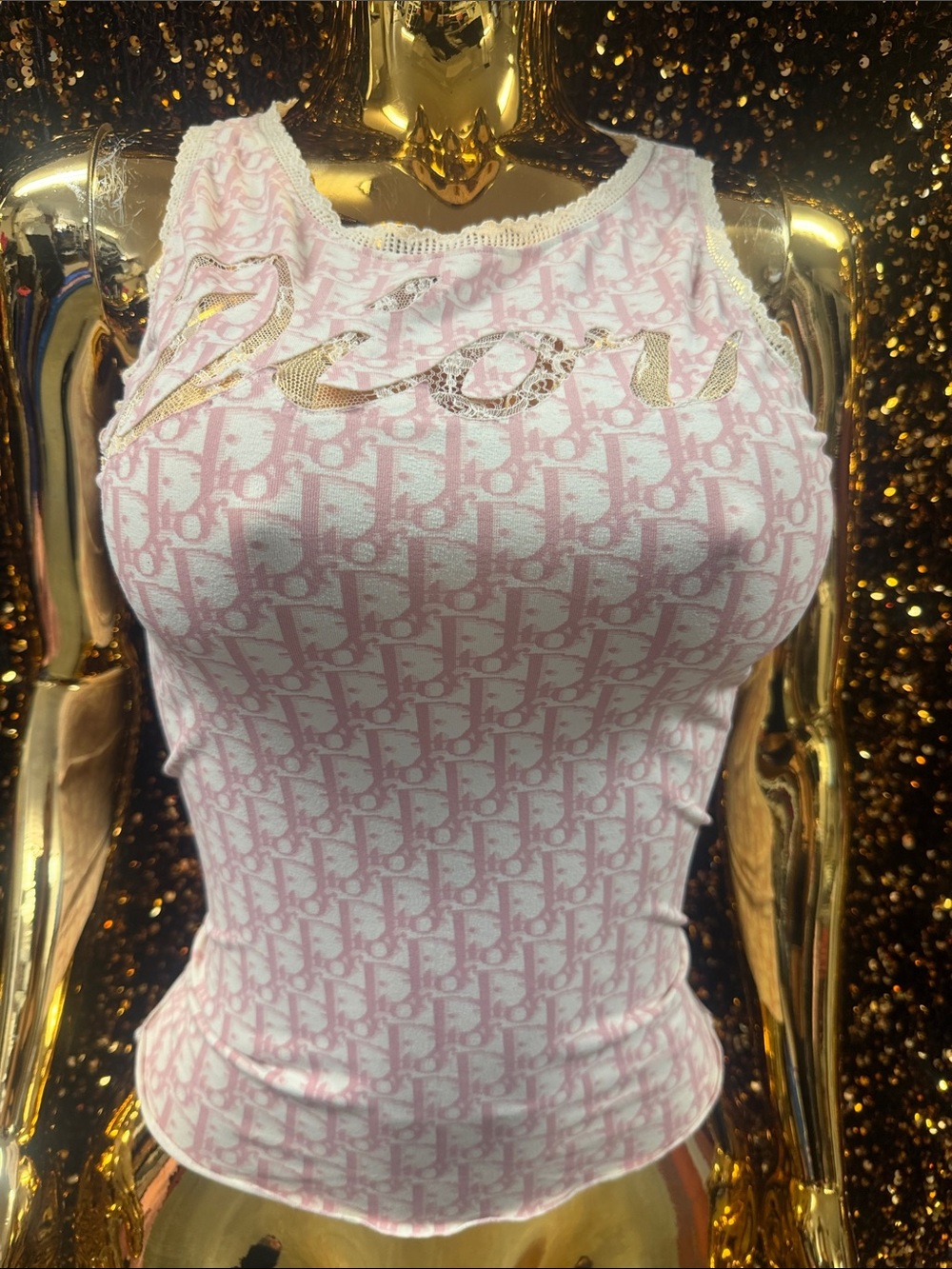 Dior Pink Monogram Lace-Trim Tank Top